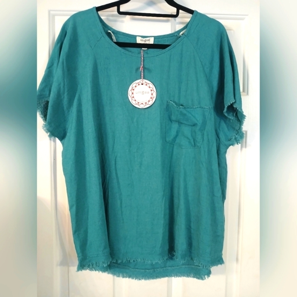 NWT - Umgee Teal Short Sleeve Raw Hem Linen Blend Top Blouse Size S